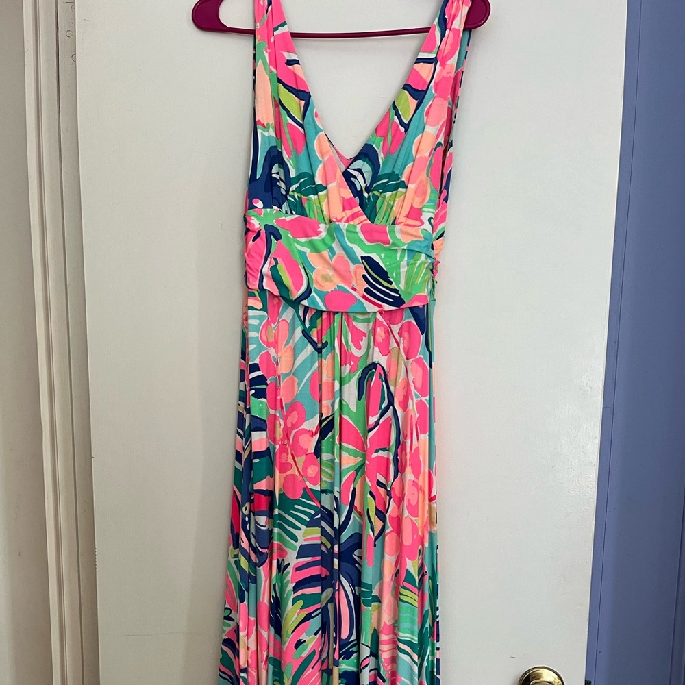Lilly Pulitzer asymmetrical hem v neck dress exotic garden